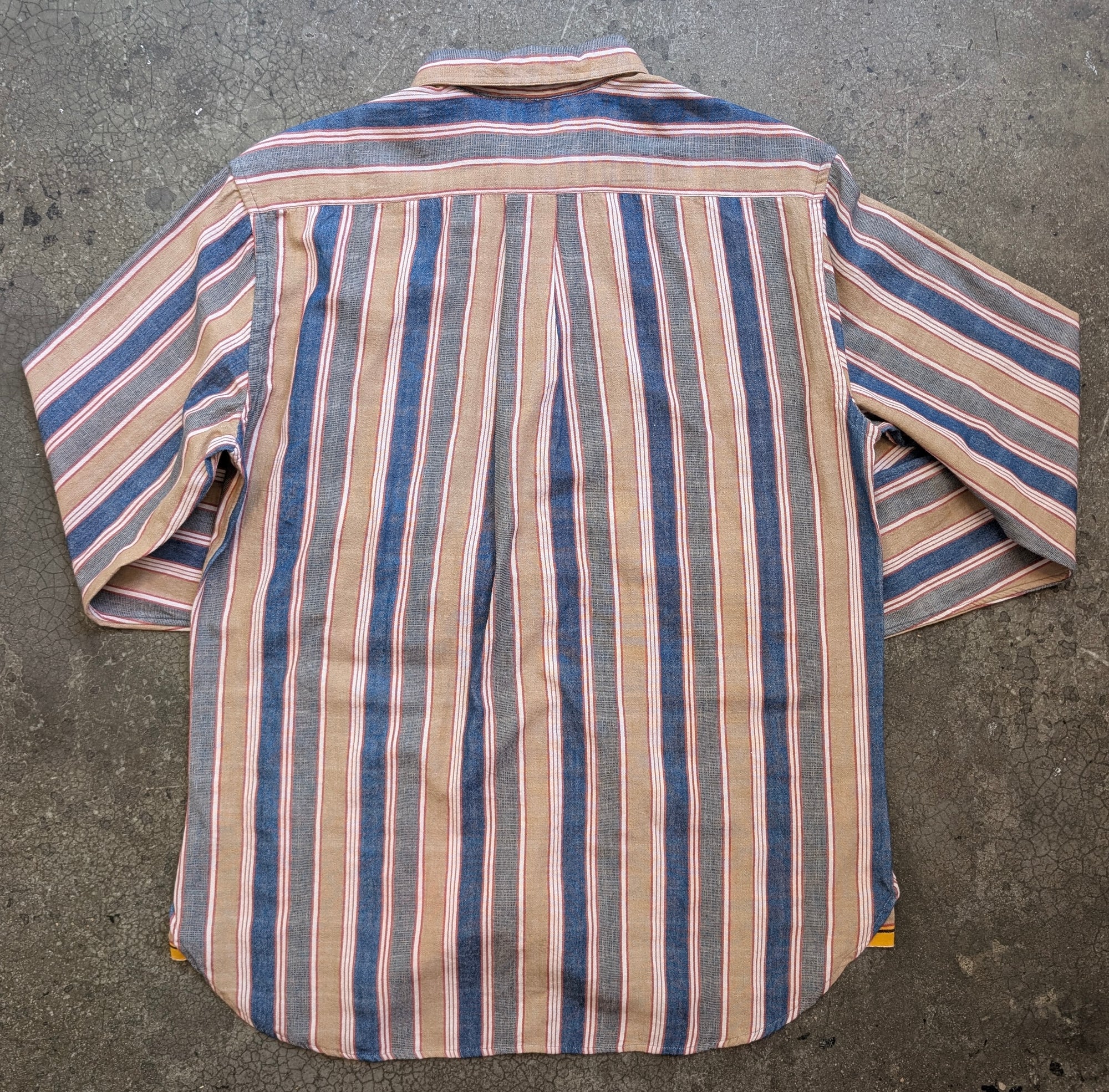 Original Madras Trading Company Straight Collar Long Sleeve Shirt - Tan Blue Multi Stripe