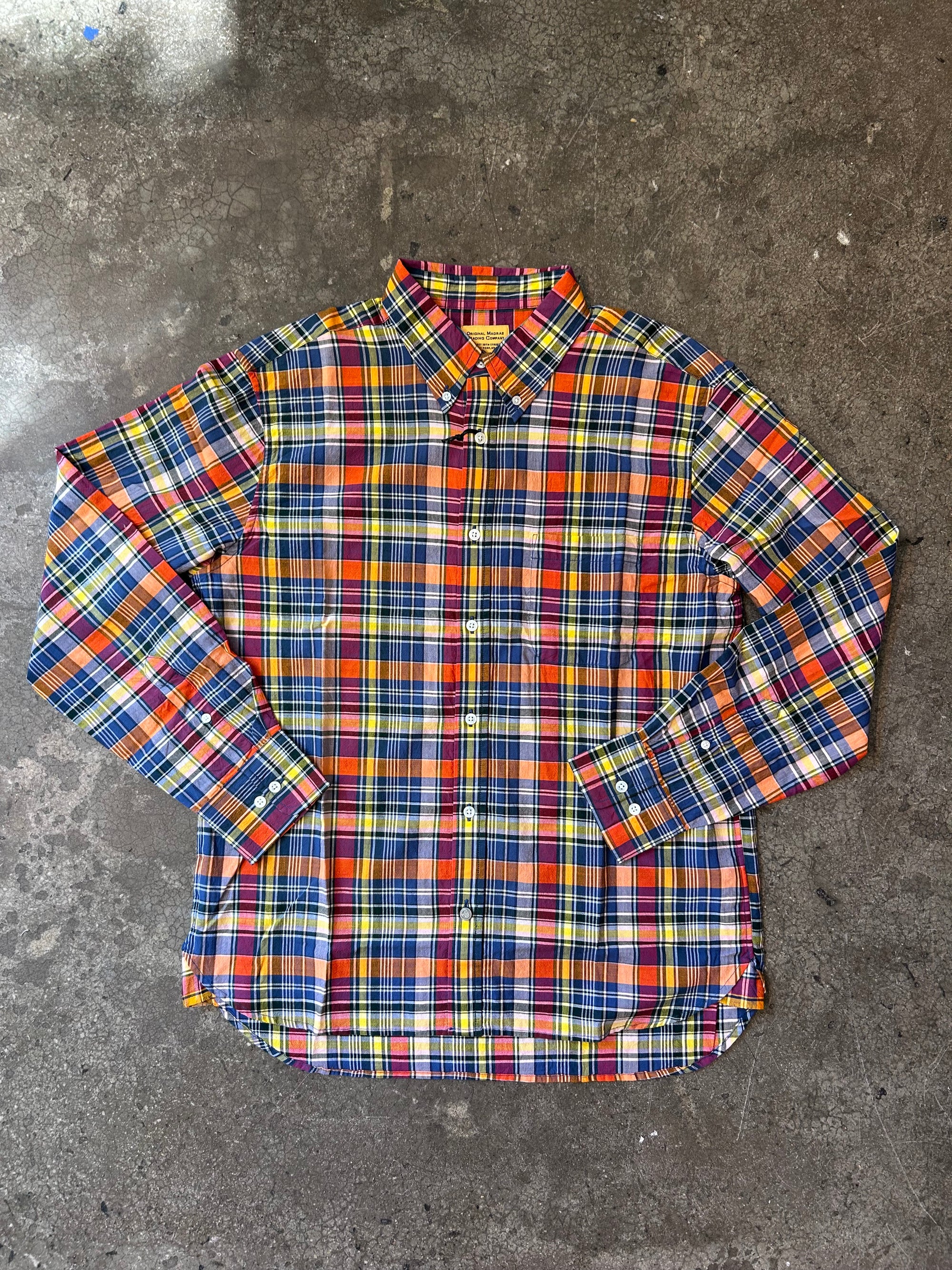 Original Madras Trading Company Classic Button Down Long Sleeve Shirt - Orange Blue Madras Check