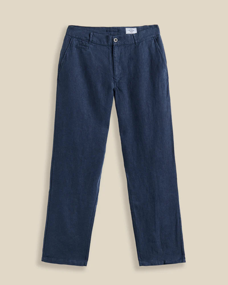 Portuguese Flannel's trousers are made from linen that's milled in Guimarães; the brand's home since 1927. Dyed navy, they're cut in a neat, straight-leg shape and have a little coin pocket by the waistband. Lower Impact Materials. This product is made using at least 50% lower-impact materials or ingredients.