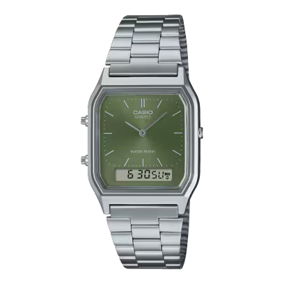 Casio Vintage Silver Digital Watch with Green Face
