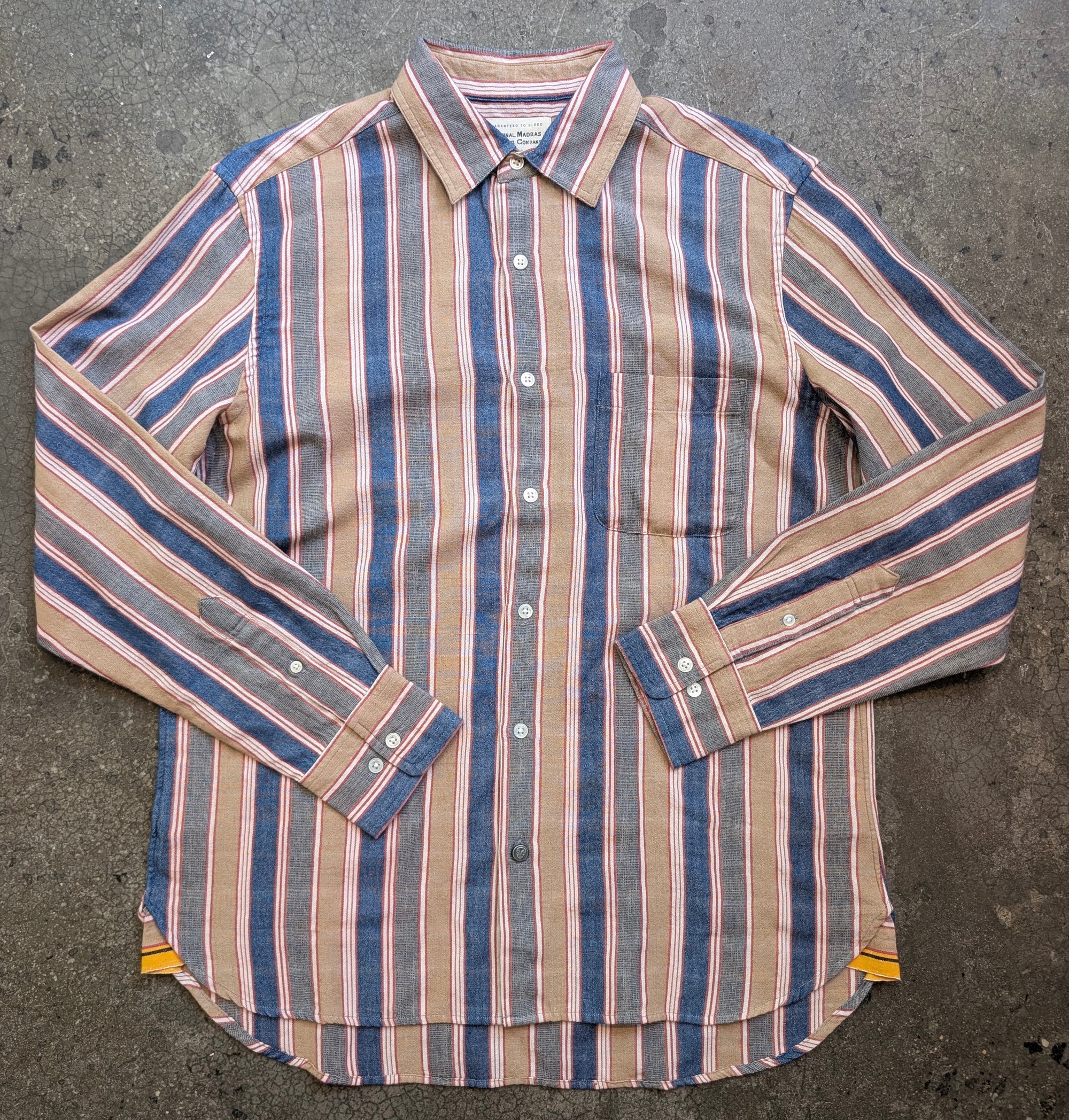 Original Madras Trading Company Straight Collar Long Sleeve Shirt - Tan Blue Multi Stripe