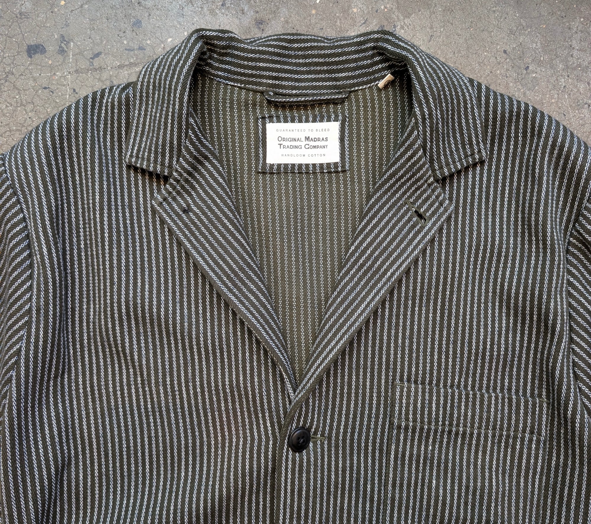 Original Madras Trading Company 3 Button Soft Jacket - 10 Oz Twill Olive White Stripe Denim