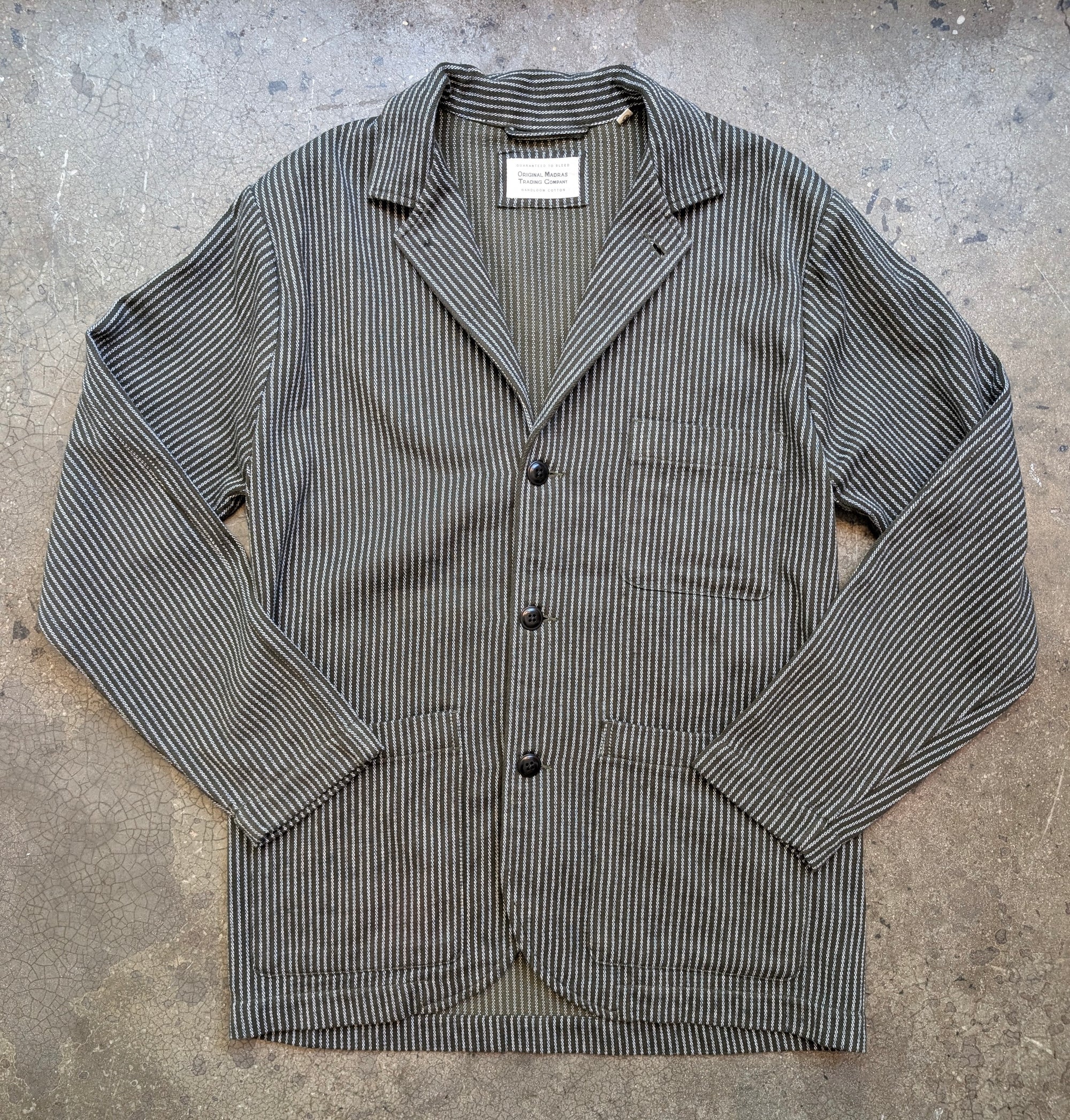 Original Madras Trading Company 3 Button Soft Jacket - 10 Oz Twill Olive White Stripe Denim
